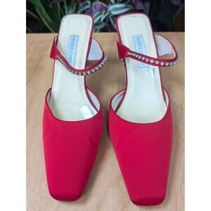 Valerie Stevens Women's Size 9 Red Satin Mule Rhinestones Strap 3" Heel Party